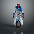 Man Wearing Blue and White Robe and Belt with Brown Boots Standing Against Gray Background