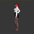 Red Haired Character Wearing White Shirt Black Skirt Black Stockings And Sandals On Gray Background