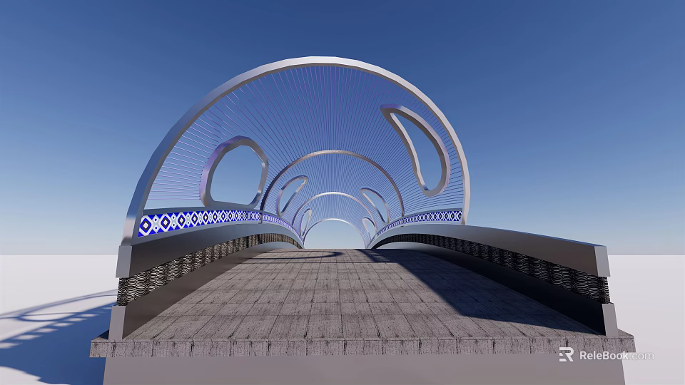 Modern Arched Bridge With Blue Decorative Patterns Gray Deck And Blue Sky Background 3d model