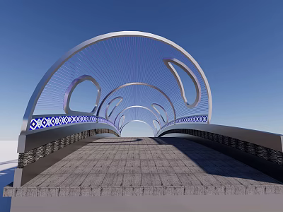 Modern Arched Bridge With Blue Decorative Patterns Gray Deck And Blue Sky Background 3d model