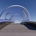 Modern Arched Bridge With Blue Decorative Patterns Gray Deck And Blue Sky Background 3d model