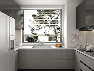 Modern Kitchen With White Dark Cabinets Window Blinds And Outdoor Trees Sink Area With Fruits And Appliances 3d model