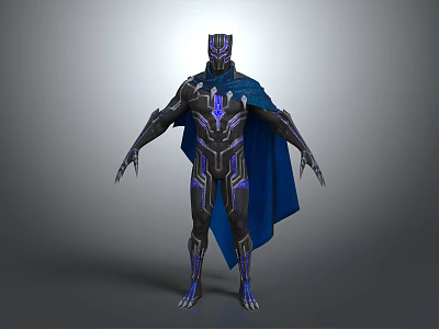Sci Fi Game Movie Character In Black Armor With Blue Cape And Glowing Patterns 3d model