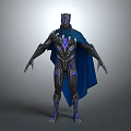 Sci Fi Game Movie Character In Black Armor With Blue Cape And Glowing Patterns