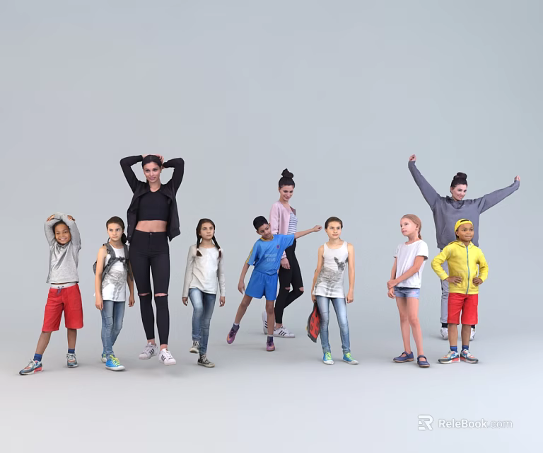Group of Children and Adults Posing with Diverse Gestures on White Background 3d model 