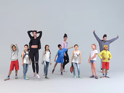 Group of Children and Adults Posing with Diverse Gestures on White Background 3d model