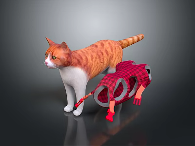 Orange and white cat dragging red plaid toy with red gloves on dark surface 3d model