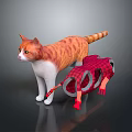 Orange and white cat dragging red plaid toy with red gloves on dark surface