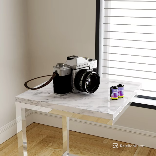Classic Digital Camera On Marble Table With Film Rolls And Window Blinds 3d model