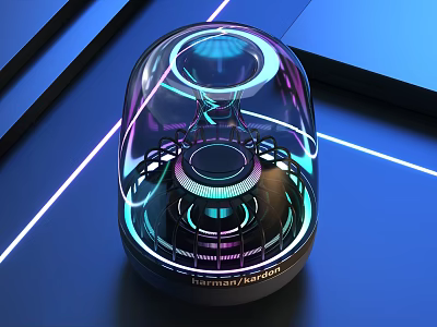 Harman Kardon Speaker Transparent Glass Dome Illuminated Ring Design Blue Tech Inspired Background Neon Lines 3d model