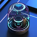 Harman Kardon Speaker Transparent Glass Dome Illuminated Ring Design Blue Tech Inspired Background Neon Lines