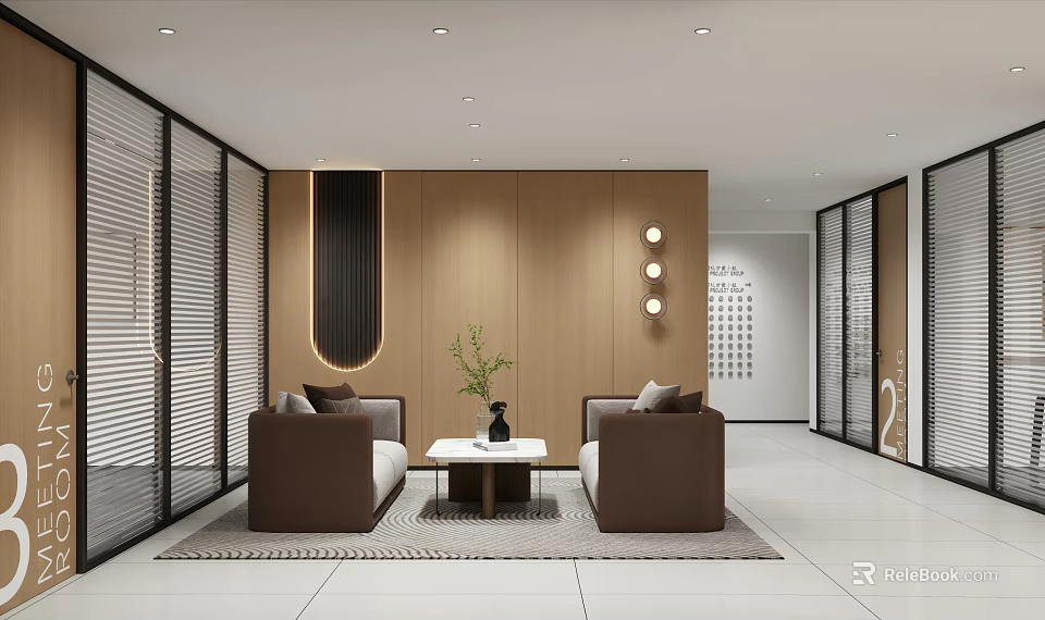 Minimalist Lounge Area Interior With Brown Sofas Coffee Table Plant And Wooden Wall 3d model 