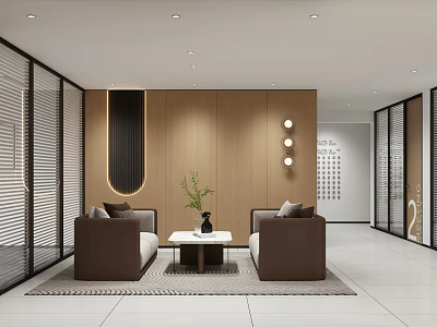 Minimalist Lounge Area Interior With Brown Sofas Coffee Table Plant And Wooden Wall 3d model