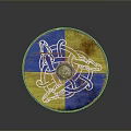 Vintage Norse Style Round Shield Weapon With Blue Yellow Sections And Dragon Motifs
