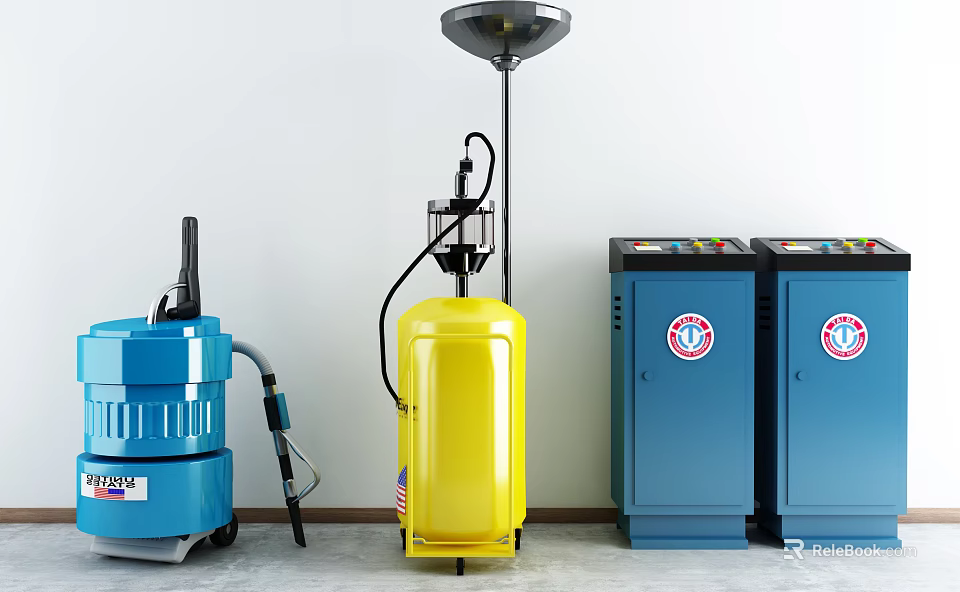 Commercial Cleaning Equipment With Blue Vacuum Cleaner Yellow Device And Blue Storage Cabinets 3d model 