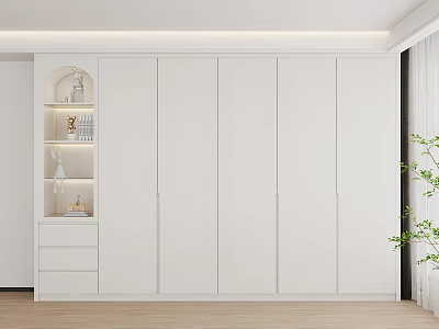 Modern White Wardrobe with Panel Doors and Open Shelving Unit Featuring Decorative Items in Minimalist Space 3d model