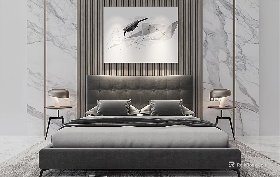 Modern Double Bed with Upholstered Headboard in Bedroom with Marble Wall Abstract Painting and Nightstands 3d model 