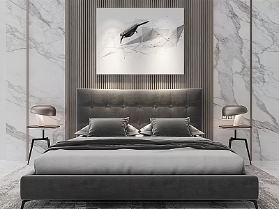 Modern Double Bed with Upholstered Headboard in Bedroom with Marble Wall Abstract Painting and Nightstands 3d model