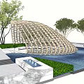 Modern Wooden Pergola With Curved Lattice Design And Outdoor Trees Grass Water Feature
