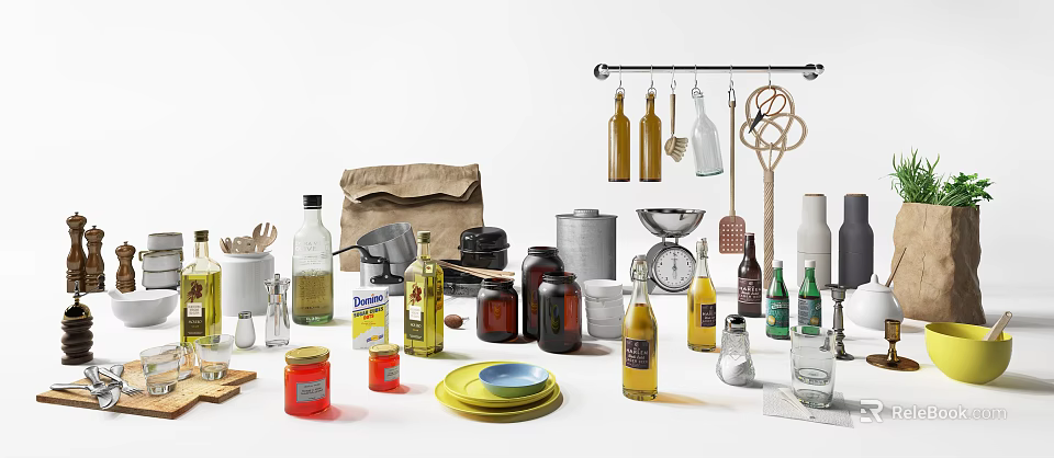 Essential Kitchen Utensils Display With Hanging Tools Bottles Jars Measuring Cups and Plates 3d model