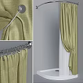 Green Fabric Bathroom Shower Curtain With Metal Rod And Tied Design