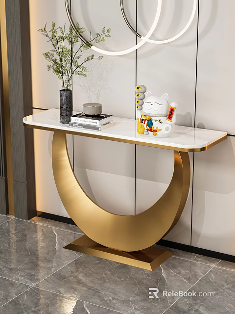 Elegant Console Table With Gold Base White Marble Top Green Plants Books And Lucky Cat 3d model 
