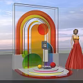 Colorful Rainbow Arch Photo Check-in Spot With Circular Decorations Transparent Stand And Sky Sea Background