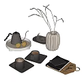 Decorative Ornament Set Including Silver Kettle Lemons Trays Plants Pumpkin Vase Coffee Cups Notebook Glasses