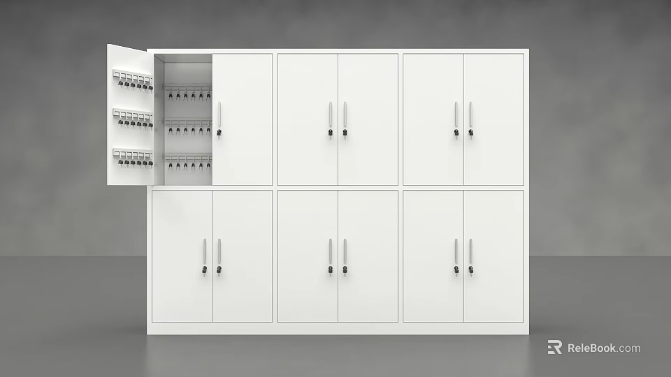 Modern White Storage Cabinet Rack With Multiple Doors And Open Compartment Design For Organizing 3d model