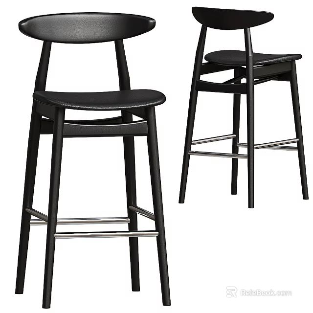 Contemporary Black Bar Stools With Metal Frame And Smooth Seat Design For Kitchen 3d model 
