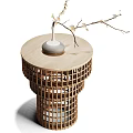 Elegant Wooden Side Table With Metal Grid Design Round Tabletop And Decorative Branches