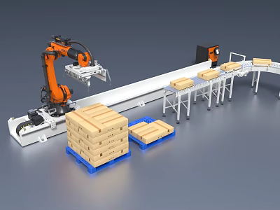 Automated Industrial Robotic Arm Handling Wooden Boxes On Conveyor Belt System 3d model