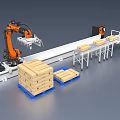 Automated Industrial Robotic Arm Handling Wooden Boxes On Conveyor Belt System