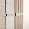 Modern Sofa Background Wall Design With Wooden Grid Panels And Textured Surfaces