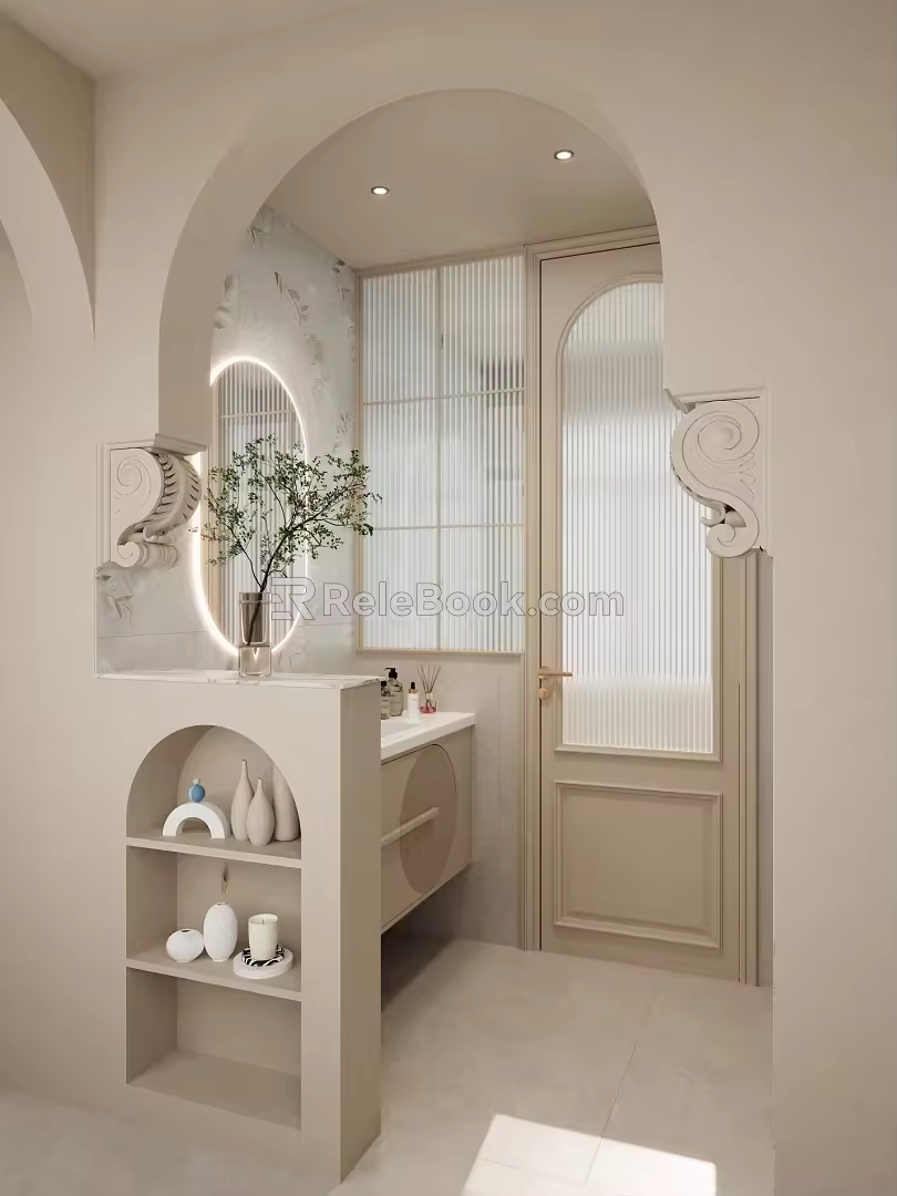Cream Middle Style Arc Partition Gypsum Modeling Dry and Wet Separation Sanitary Area Dry Area 3d model