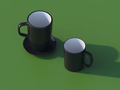 Two Black Mugs One on Saucer and One Alone on Green Background 3d model