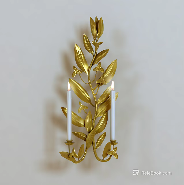 Elegant Gold Wall Sconce With Leaf And Flower Design And Candle Shaped Lights 3d model 