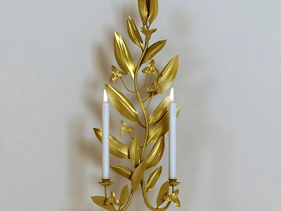 Elegant Gold Wall Sconce With Leaf And Flower Design And Candle Shaped Lights 3d model