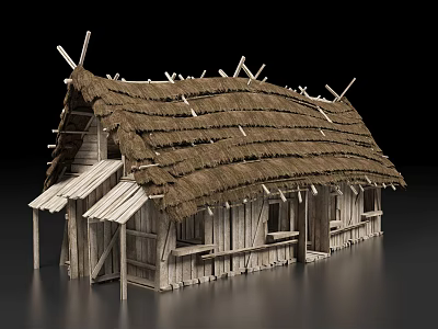 Ancient Traditional Building Featuring Thatch Roof And Wooden Frames With Windows 3d model