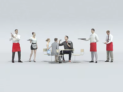 Multiple Restaurant Staff and Customers Interacting While Dining Together at Table 3d model