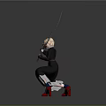 Blonde Haired Woman In Black Coat Holding Large Sword With Red Shoes And Black Skirt
