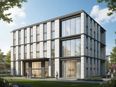 Modern Sales Office Building With Glass Curtain Wall And Green Surroundings 3d model