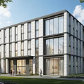 Modern Sales Office Building With Glass Curtain Wall And Green Surroundings