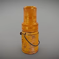 Yellow Vintage Metal Warning Light With Stacked Ribbed Top Worn Base And Black Hook Details