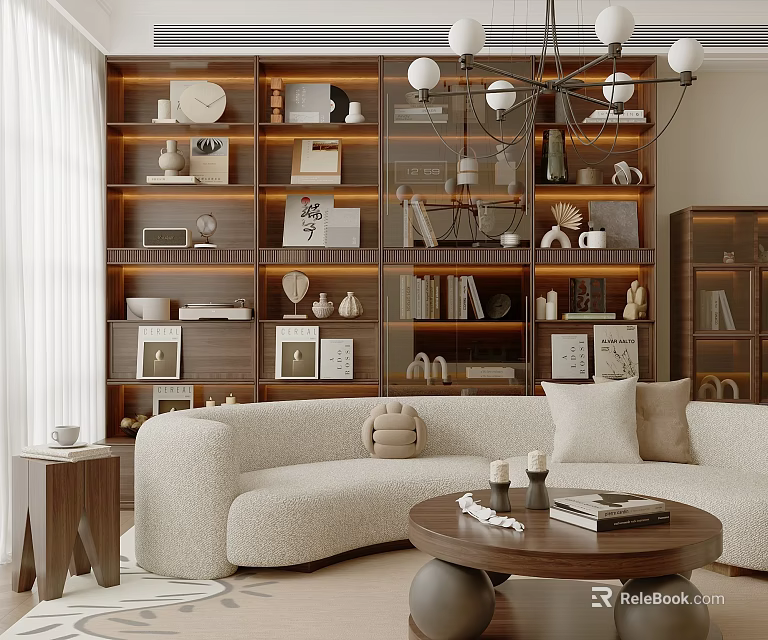 Modern Living Room With Curved Beige Sofa Round Coffee Table Lit Bookshelves Decorations Books Frames 3d model 