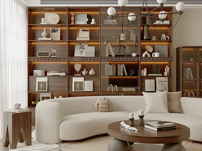 Modern Living Room With Curved Beige Sofa Round Coffee Table Lit Bookshelves Decorations Books Frames 3d model