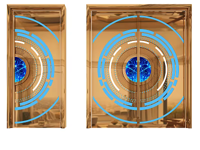 Contemporary Glass Double Doors With Golden Frame And Blue Circular Patterns 3d model