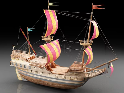 Vintage Sailing Ship With Colorful Sails And Wooden Structure 3d model