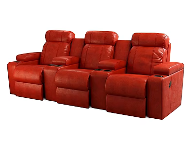 Three Red Leather Recliner Chairs in a Row with Armrests and Cup Holders 3d model