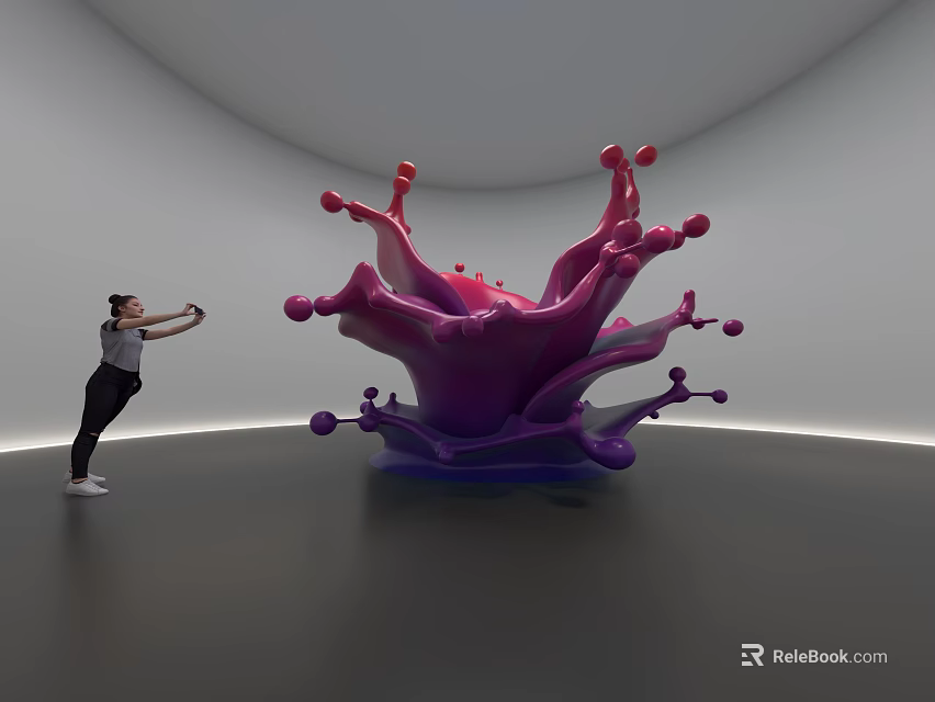 Abstract Purple Pink Splash Shaped Sculpture In Indoor Gallery With Human Figure 3d model 